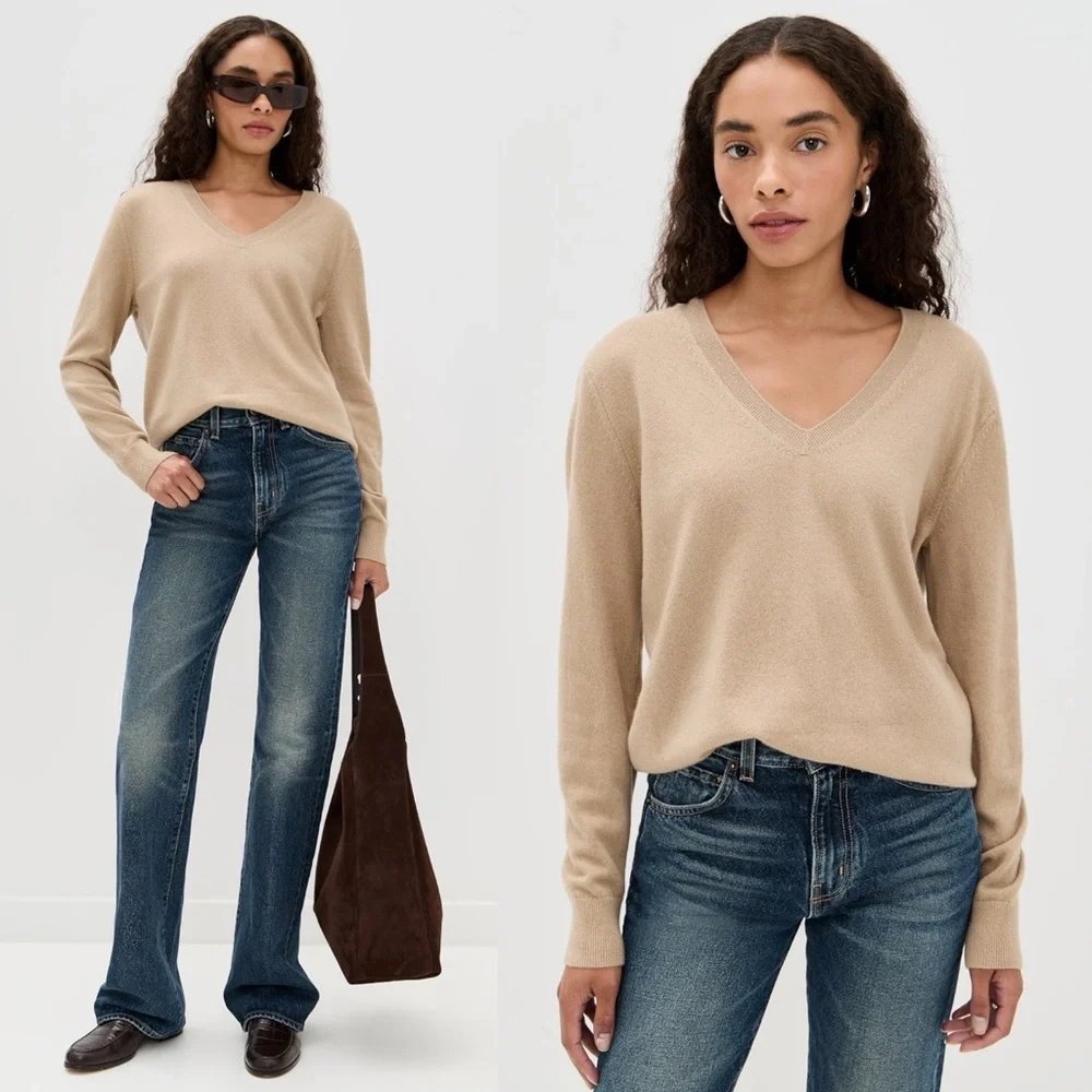 Vince Weekend V-Neck Cashmere Pullover Camel Size Medium 100% Cashmere
